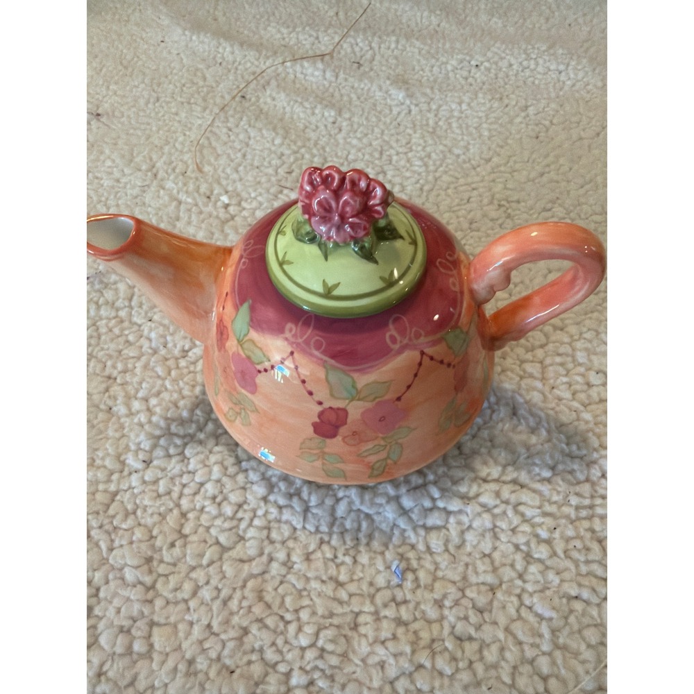 Tracy Porter Hand Painted Mini Teapot Floral Rose Bud‎ Lid Whimsical Ceramic